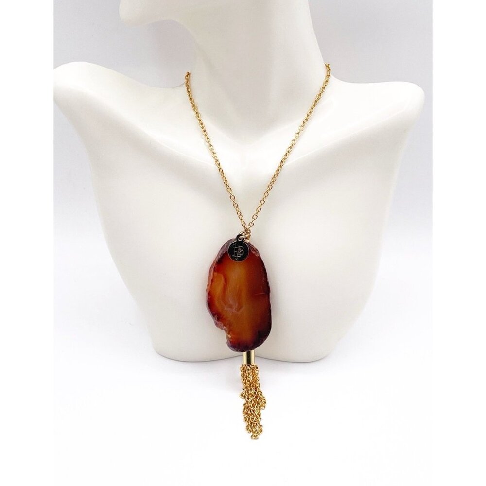 Bourbon & Boweties Brown Agate Slice Pendant Necklace Gold Tassel Boho Statement